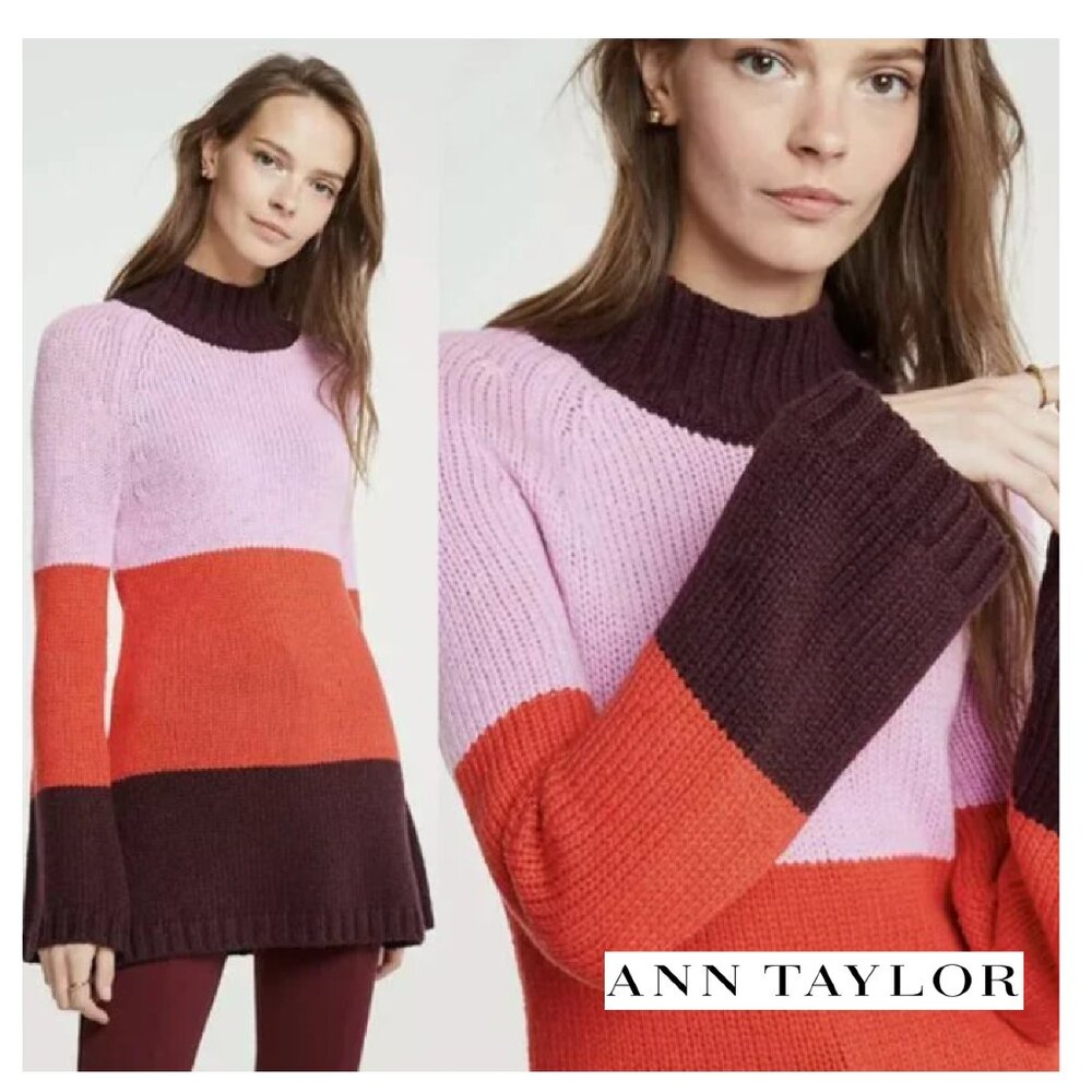Ann Taylor Colorblock Striped Mock Neck Knit Tunic Wool Sweater Bell Sleeve